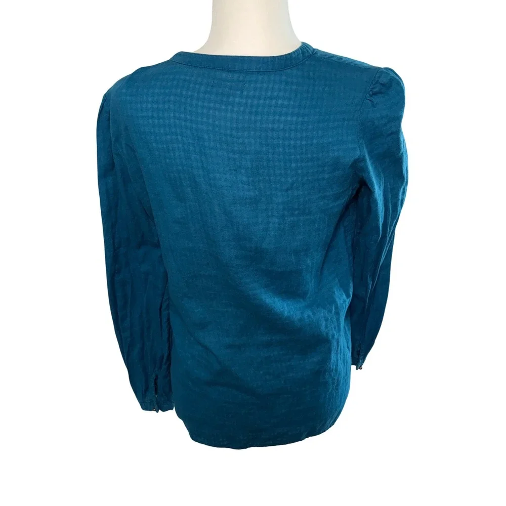 Old Navy Blue Cotton Embroidered Split Neck Blouse Womens M boho bronze buttons